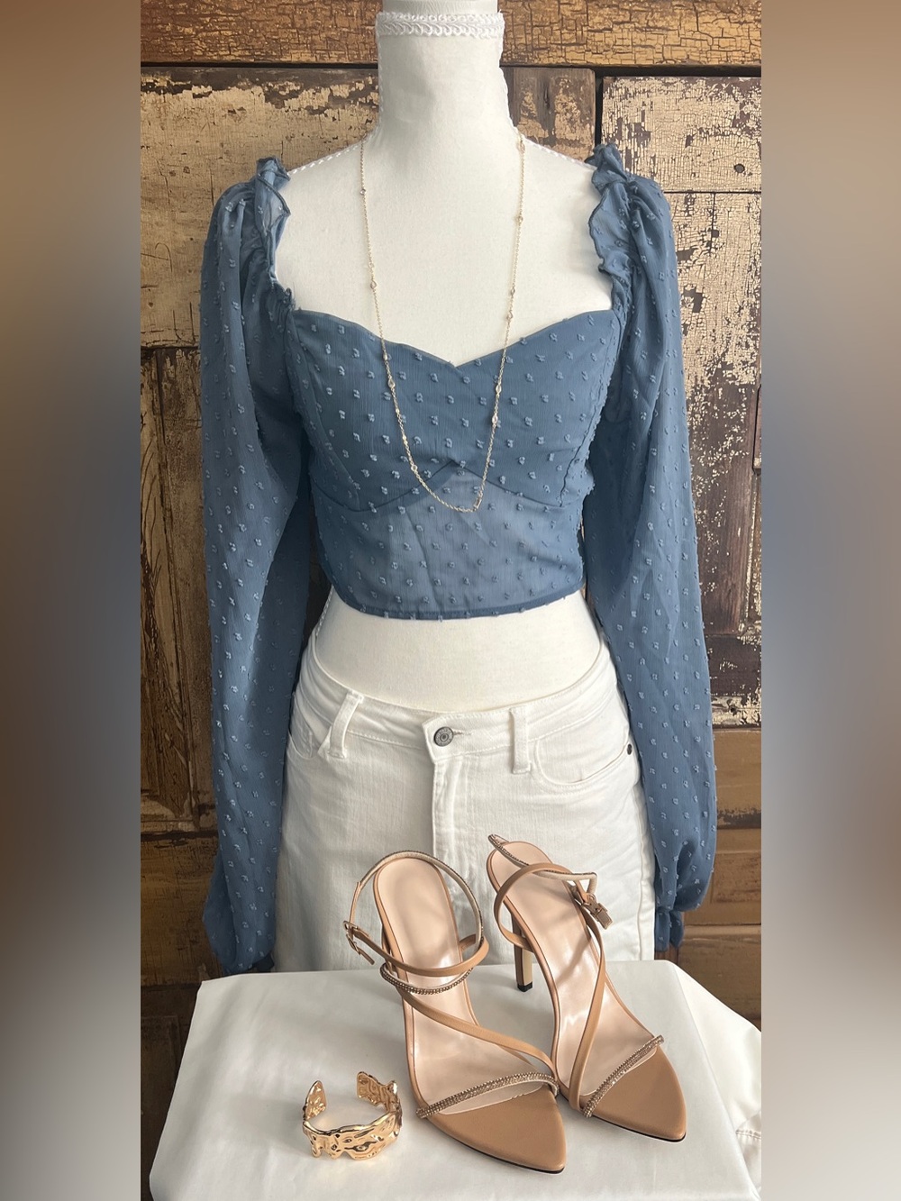 NWOT Dusty Blue Swiss Dot Puff Sleeve Crop Top | Romantic Cottagecore Blouse